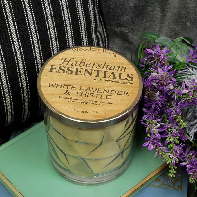 White Lavender & Thistle Wooden Cross Wick Clear Glass Scented Candle