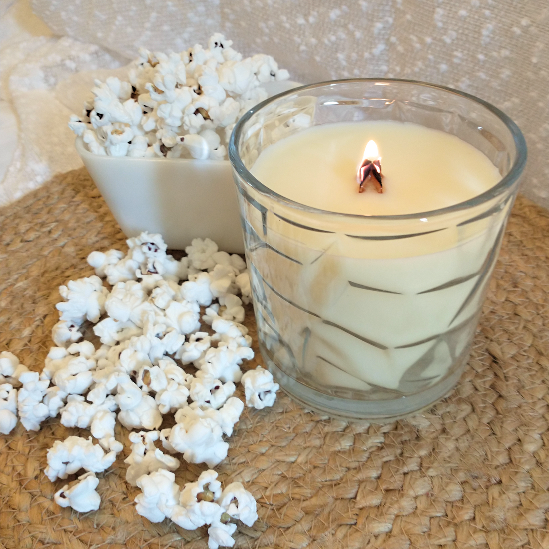 Buttered Popcorn Wooden Cross Wick Clear Glass Scented Candle