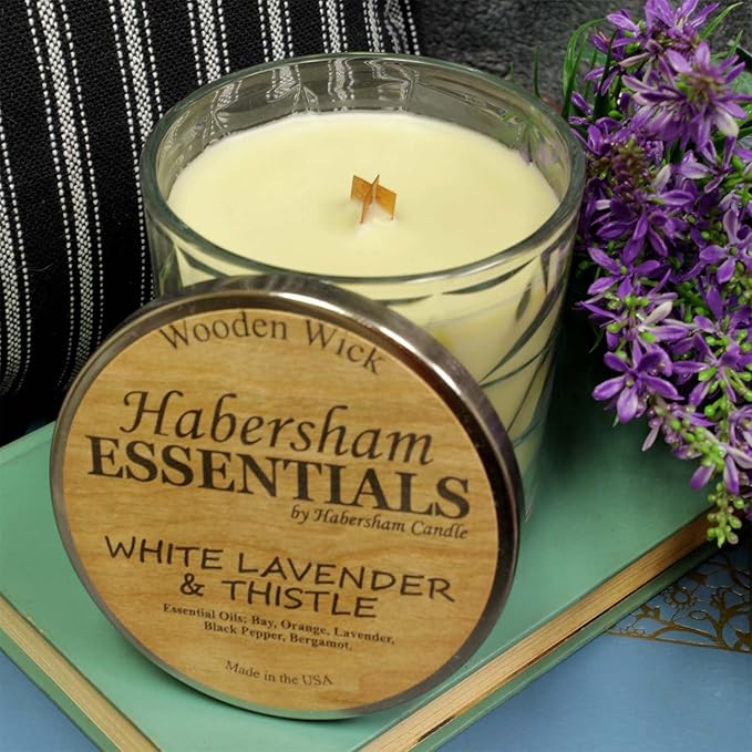 White Lavender &amp; Thistle Wooden Cross Wick Clear Glass Scented Candle