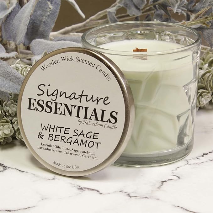 White Sage &amp; Bergamot Wooden Cross Wick Clear Glass Scented Candle