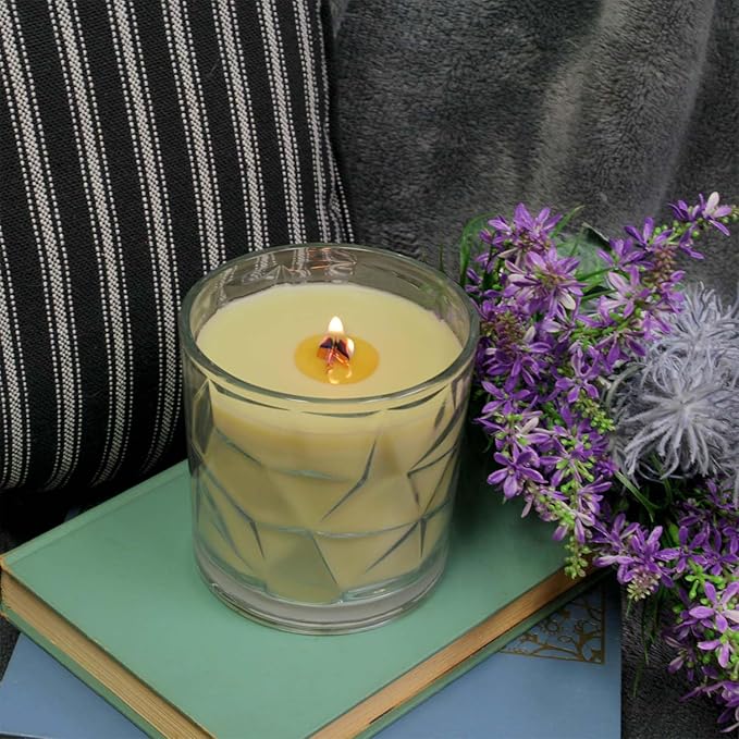 White Lavender &amp; Thistle Wooden Cross Wick Clear Glass Scented Candle