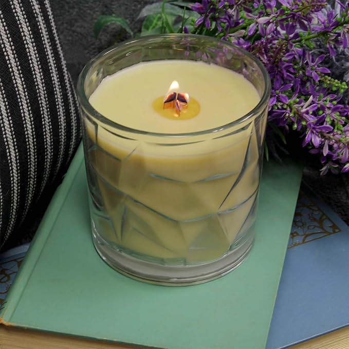 White Lavender &amp; Thistle Wooden Cross Wick Clear Glass Scented Candle