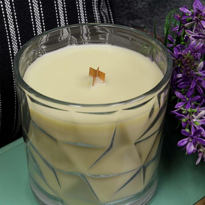 White Lavender &amp; Thistle Wooden Cross Wick Clear Glass Scented Candle