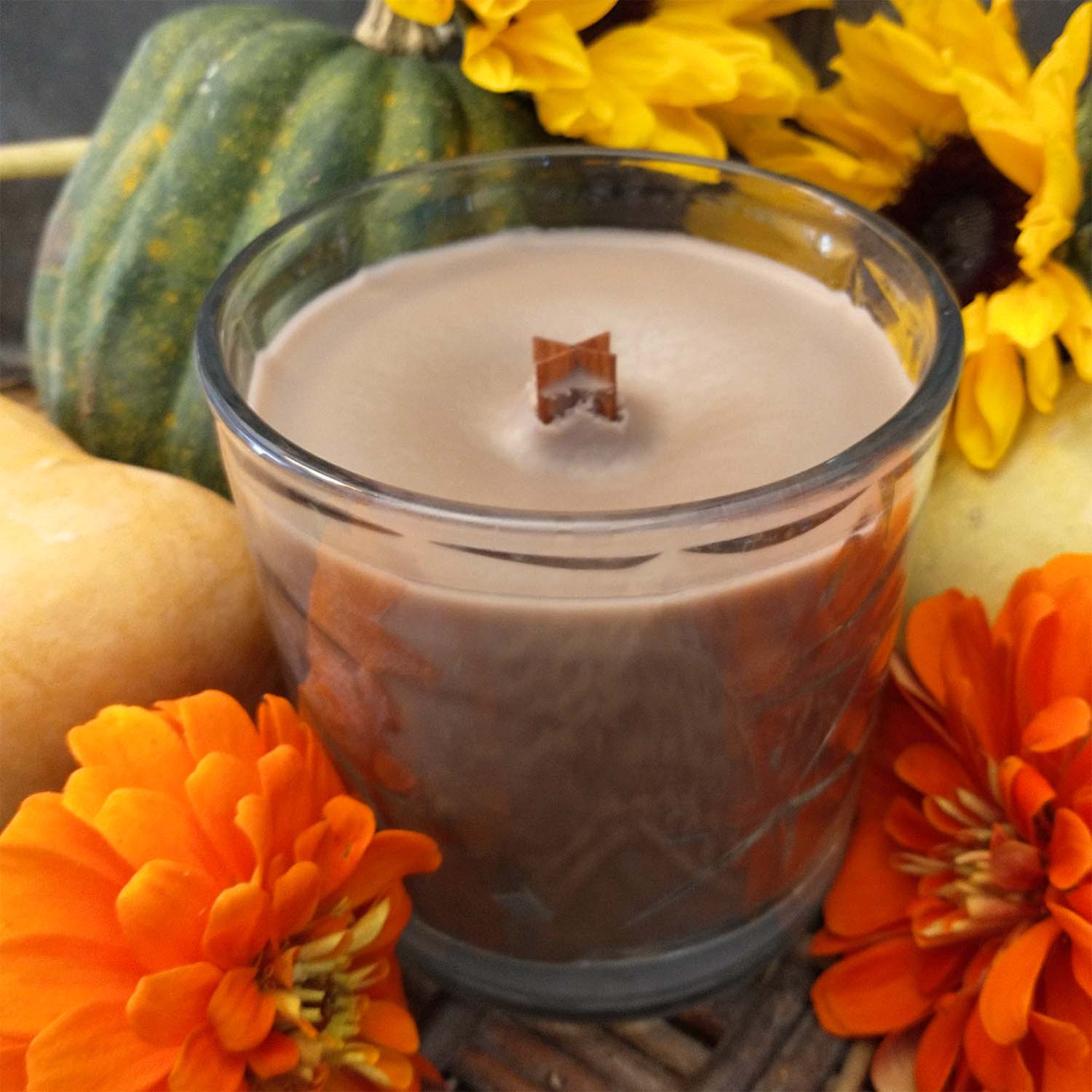 Woodsmoke &amp; Pumpkin Wooden Cross Wick Clear Glass Scented Candle