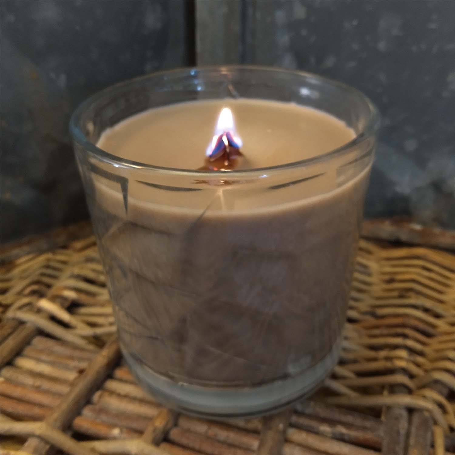 Woodsmoke &amp; Pumpkin Wooden Cross Wick Clear Glass Scented Candle